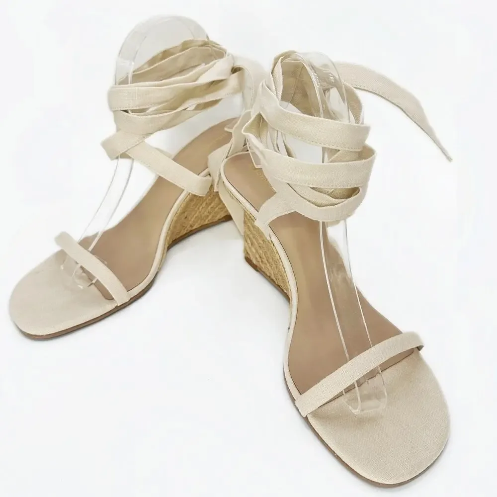 NWT Reformation Alessa Lace Up Cream Linen Wedge Espadrilles Shoes Size 9